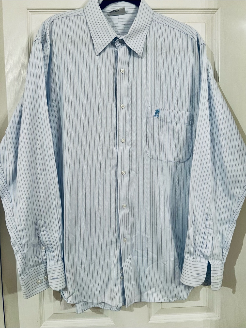 Disney Resort Men's Light Blue Pinstripe Dress Shirt w/ Mickey Mouse logo. Size